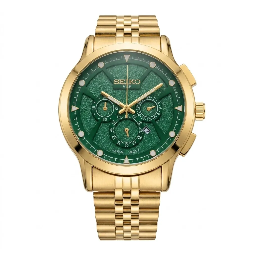 ساعت مچی مردانه سیکو طلایی صفحه سبز بند استیل طرح سه موتور با تقویم و موتور ژاپن