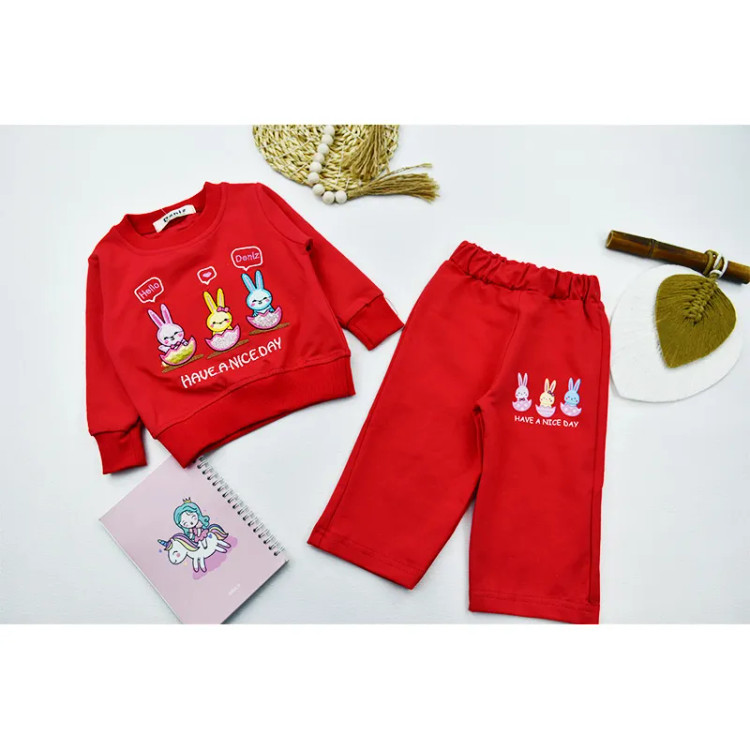 ست بلوز و شلوار بگ دخترانه طرح سه خرگوش جنس پنبه ای