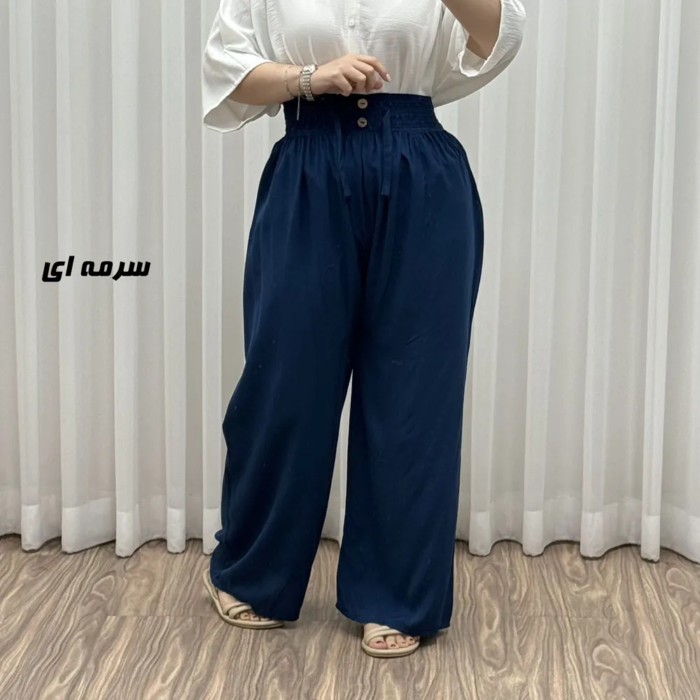 شلوار نخی زنانه کمر کش فری سایز مناسب تا سایز 50 مدل برماندو کد J1792