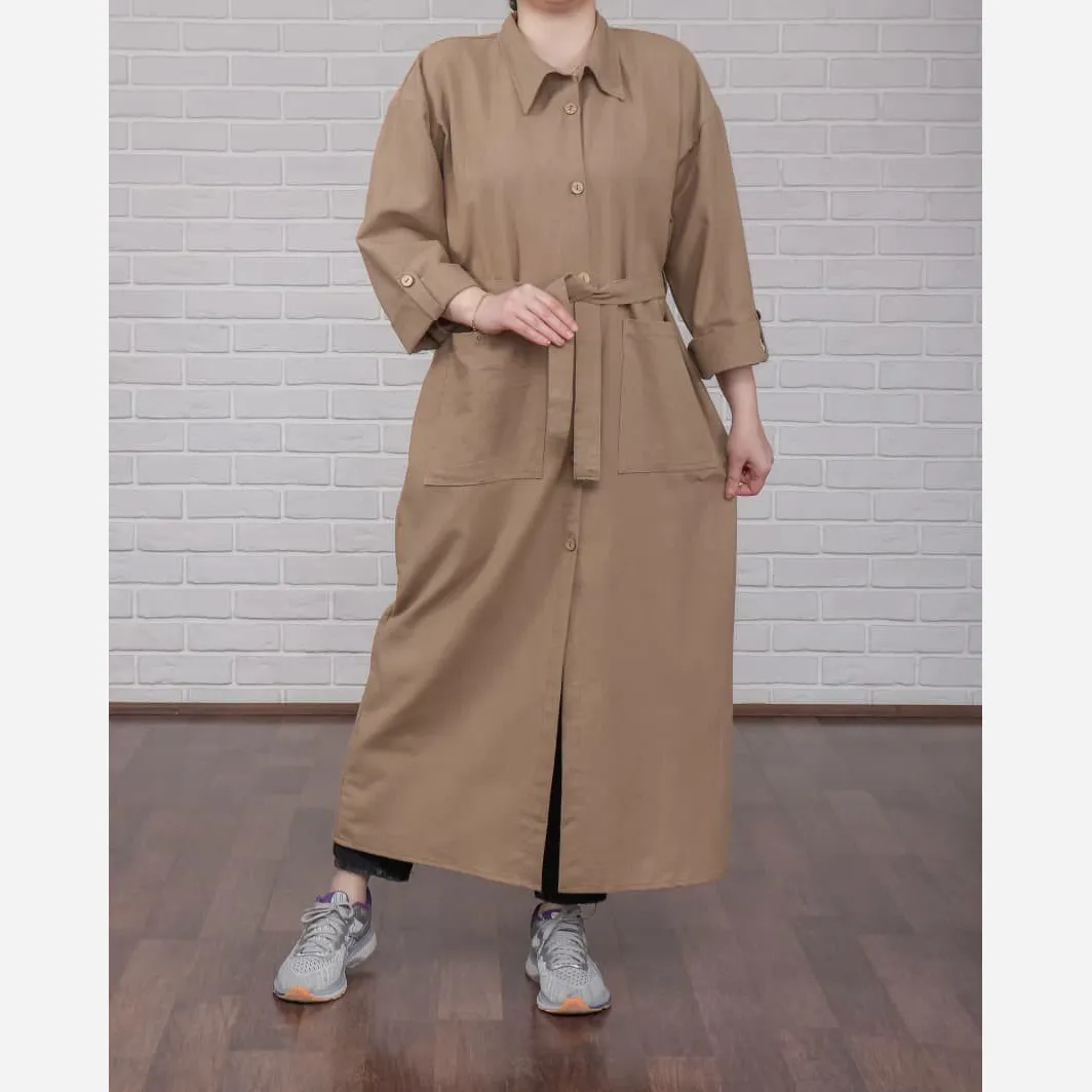 پیراهن مانتویی کفتان لنین فری سایز تا 50 قد 130 چهارفصل تنخور شیک و راحت زنانه دخترانه بدون دکمه و کمربند