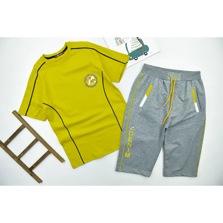 ست تیشرت و شلوارک پسرانه یقه گرد پنبه و ملانج طرح دار مناسب بهار و تابستان