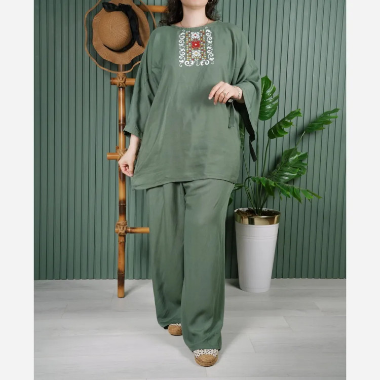ست شومیز و شلوار نخی یقه چاپی تابستانه فری سایز