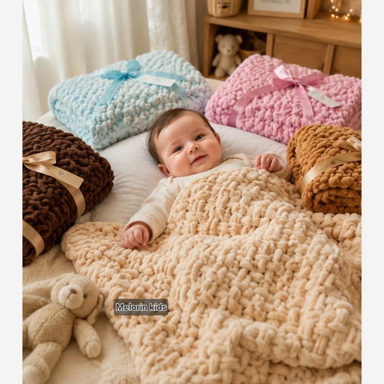 پتو پافی نوزادی دستبافت مدل حصیری سایز 90×90 سانتیمتر