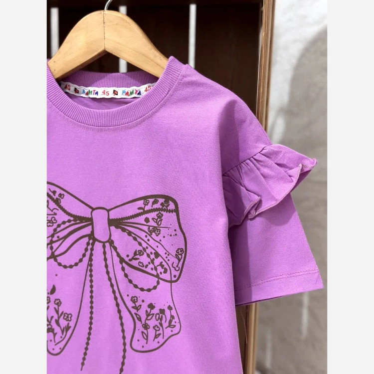 ست تیشرت و شلوار بگ دخترانه پاپیونی پنبه لاکرا سایز 45 تا 60