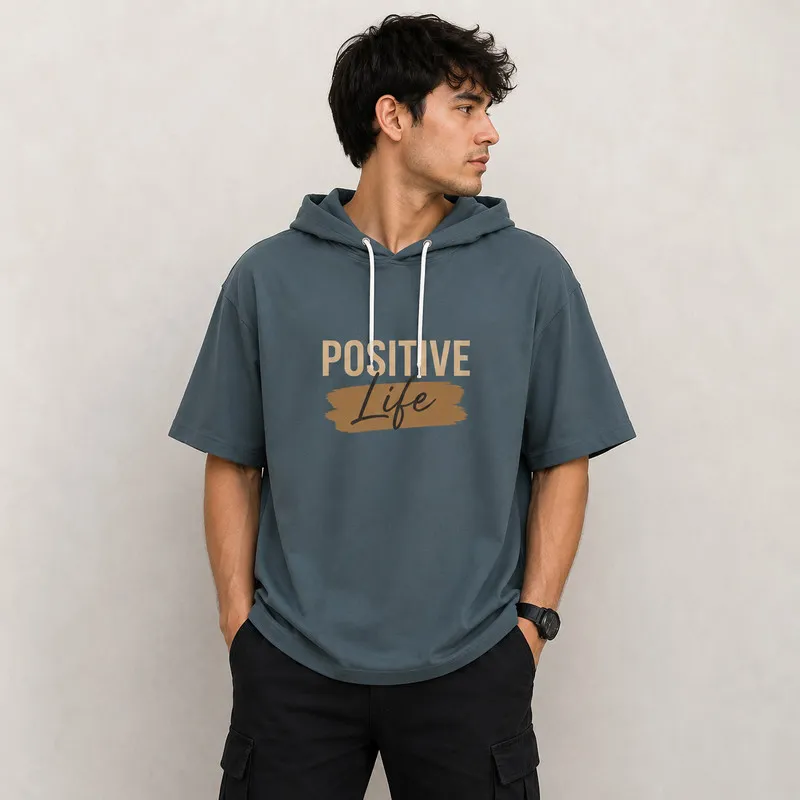 تی شرت مردانه کلاهدار پنبه ای طرح حروف مدل positive