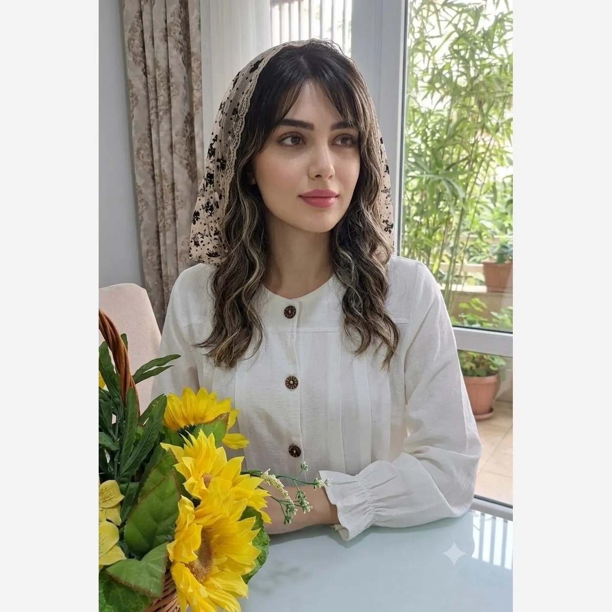 مینی اسکارف مجلسی سفید سه گوش طرح گل شکوفه ای ابعاد 75 در 75 سانتیمتر جنس توری گیپور