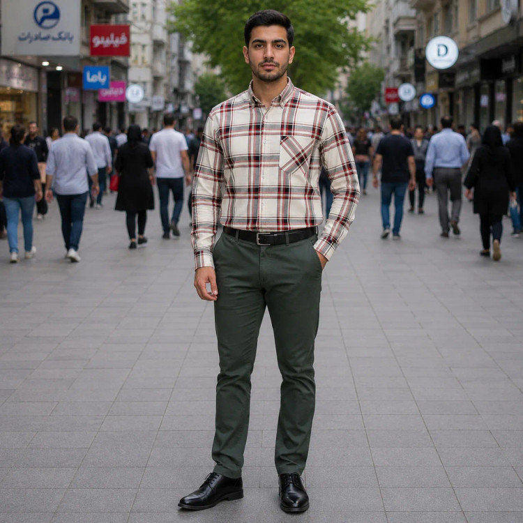 پیراهن آستین بلند مردانه نخی چهارخانه قواره آزاد جنس نخ پنبه