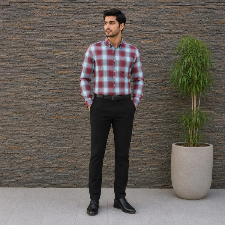 پیراهن چهارخانه مردانه آستین بلند قواره آزاد جنس تترون