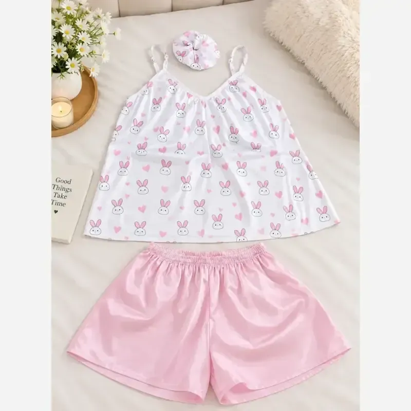 ست لباس خواب سه تیکه ساتن تاپ و شلوارک سایز 36 تا 46