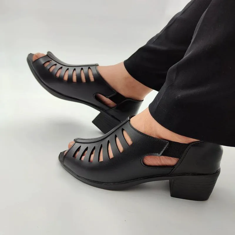 صندل طبی زنانه چرم پاشنه دار مدل حصیری
